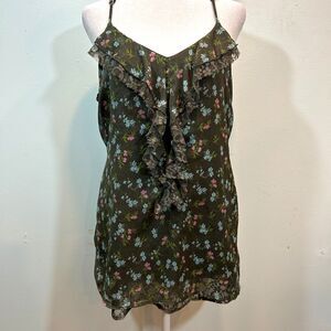 DECREE Olive Green Ditsy Floral Sheer Lace Tunic Top Size Large Cottagecore Y2K